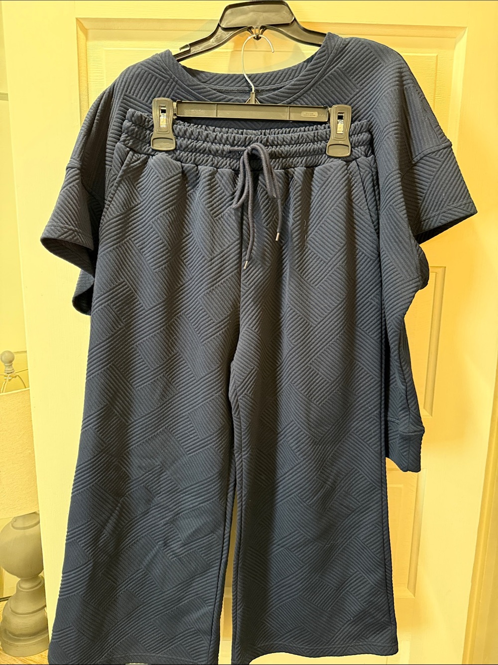 Women's Quilted Wide-Leg cropped Knit Pants set - Navy